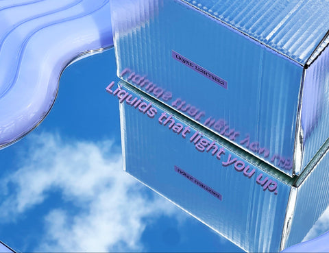 Blue box with text on a reflective surface